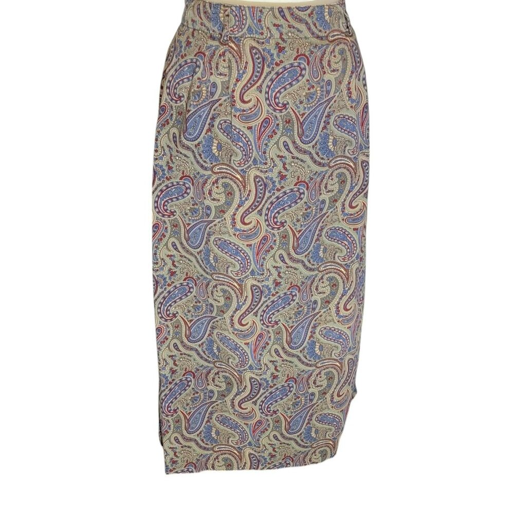 Talbots Wrap Skirt, Women 16, Vintage 90s Tan, Blue & Red Paisley, Twill, EUC